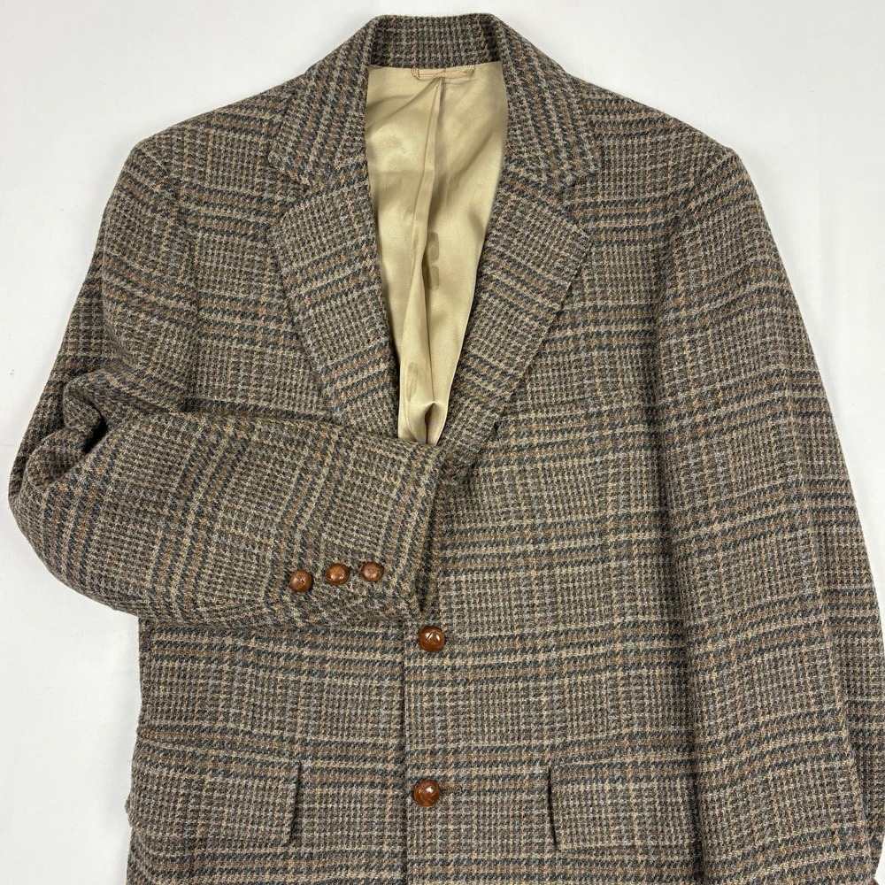 VTG 70s Hughes & Hatcher Glen Plaid Tweed Football Button Sport Coat 36R Brown